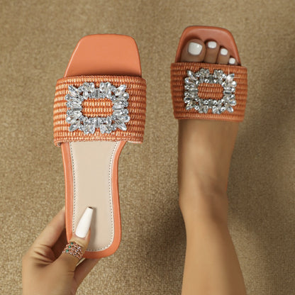 Square Head Straw Rhinestone Flats For Outdoors Vacation Leisure Slippers Women