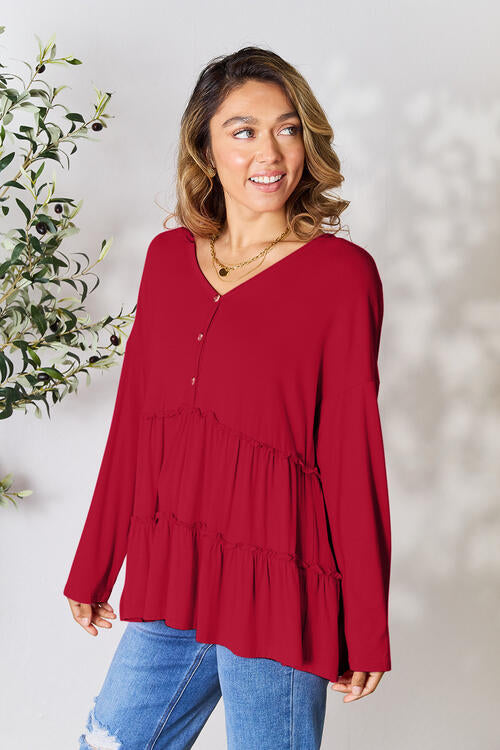 Double Take Half Button Long Sleeve Ruffle Hem Blouse - Munsieur