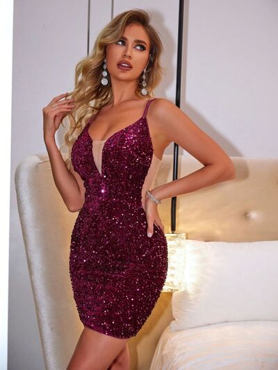 Lace-Up Sequin Plunge Sleeveless Dress - Munsieur