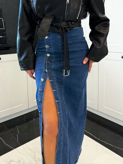 Front Button Slit Midi Denim Skirt - Munsieur