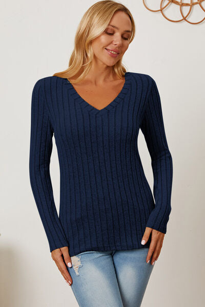 Full Size Ribbed V-Neck Long Sleeve T-Shirt - Munsieur