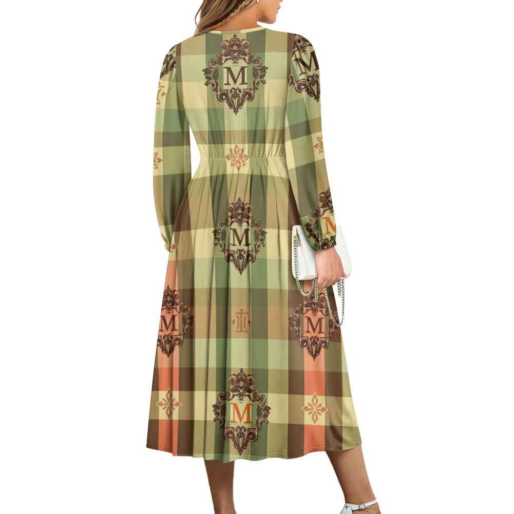 V-Neck Long Sleeve Tie Waist Midi Dress