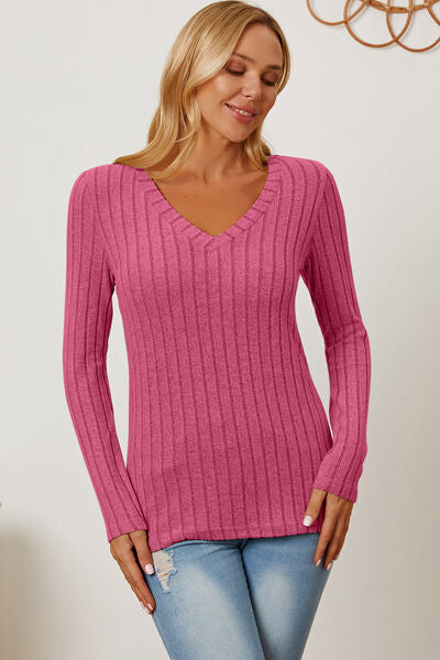 Full Size Ribbed V-Neck Long Sleeve T-Shirt - Munsieur