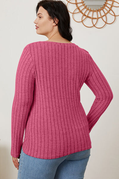 Full Size Ribbed V-Neck Long Sleeve T-Shirt - Munsieur