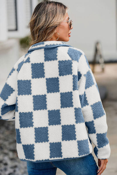 Checkered Snap Down Long Sleeve Teddy Jacket - Munsieur