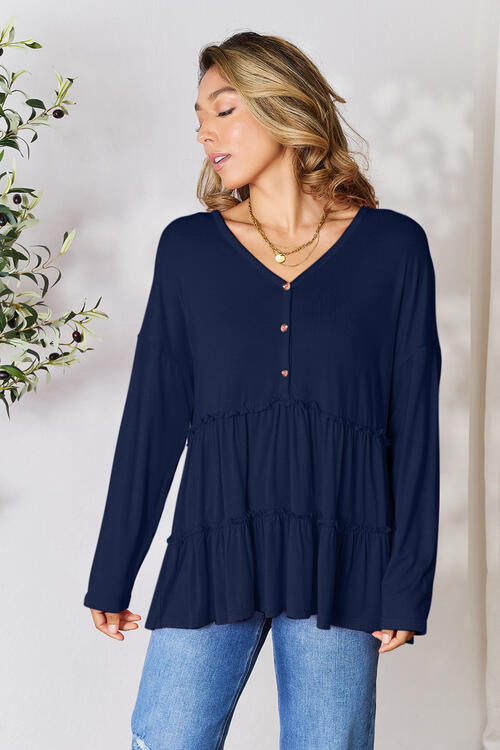 Double Take Half Button Long Sleeve Ruffle Hem Blouse - Munsieur