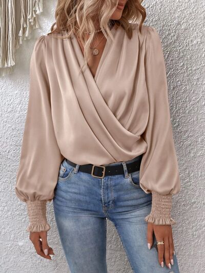 Surplice Smocked Lantern Sleeve Blouse - Munsieur