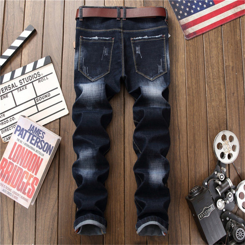 Blue With Holes Slim Fit Men's Pants - Munsieur