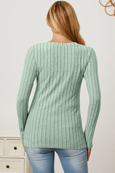 Full Size Ribbed V-Neck Long Sleeve T-Shirt - Munsieur