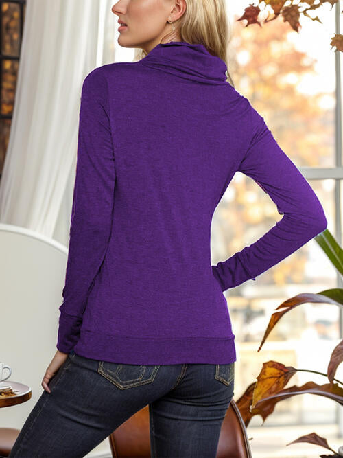 Shiny Buttoned Mock Neck Long Sleeve Blouse - Munsieur
