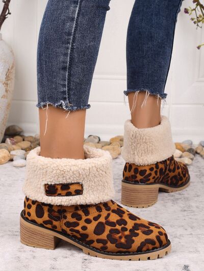 Leopard Block Heel Fuzzy Boots - Munsieur