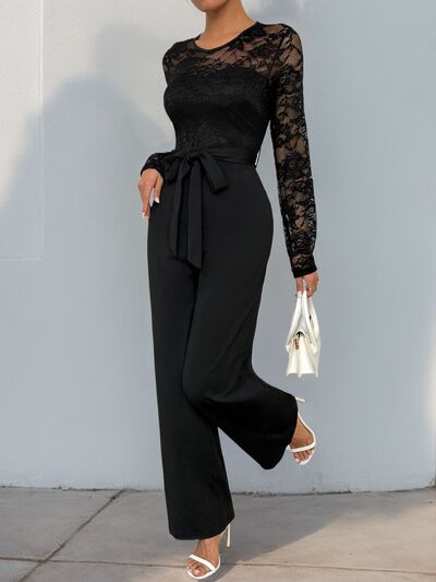 Perfee Lace Round Neck Long Sleeve Jumpsuit - Munsieur