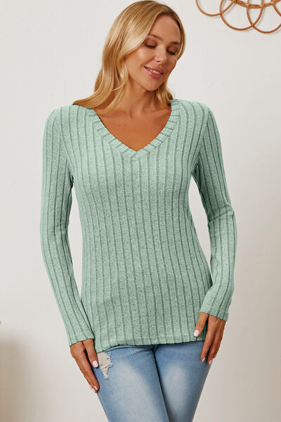 Full Size Ribbed V-Neck Long Sleeve T-Shirt - Munsieur