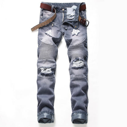 Nostalgic Ripped Motorcycle Pants Straight Personality
