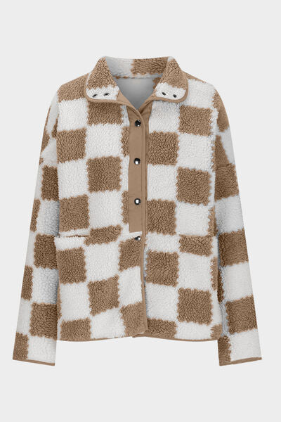 Checkered Snap Down Long Sleeve Teddy Jacket - Munsieur