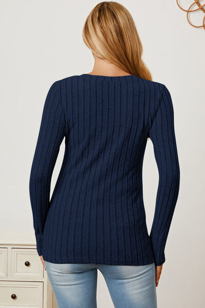 Full Size Ribbed V-Neck Long Sleeve T-Shirt - Munsieur