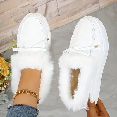Bow Furry Round Toe Flat Slip-Ons - Munsieur