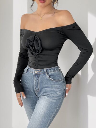 Ruched Flower Off-Shoulder Long Sleeve Bodysuit - Munsieur
