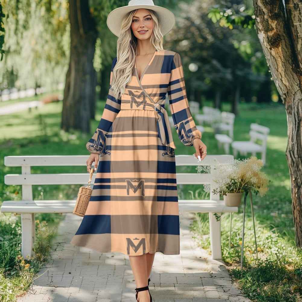V-Neck Long Sleeve Tie Waist Midi Dress