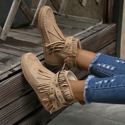 Fringe Studded Suede Flat Boots - Munsieur