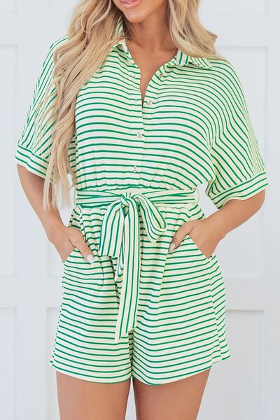 Striped Half Sleeve Tie Waist Romper - Munsieur