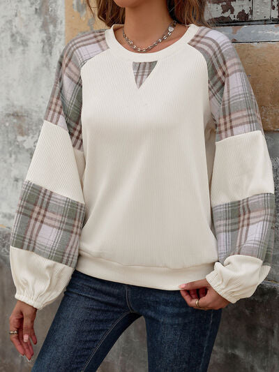 Perfee Plaid Round Neck Long Sleeve Sweatshirt for Women - Munsieur