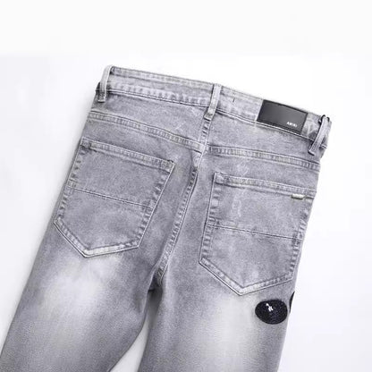 Men's Designer Fashion Gray Hole Patched Embroidery Cobra Stretch Pants