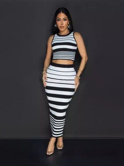 Women's Cute Hip Skirt Set Striped Maxi