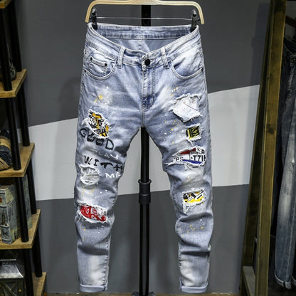 Men's Fashion Stretch Spray Paint Ripped