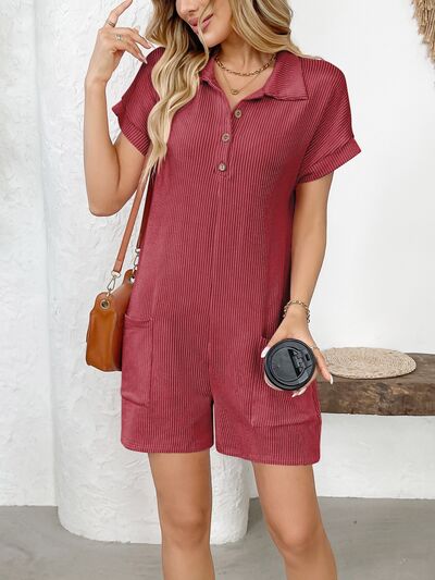 Button Detail Collared Neck Short Sleeve Romper - Munsieur