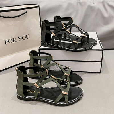 Open Toe Back Zipper Flat Sandals - Munsieur