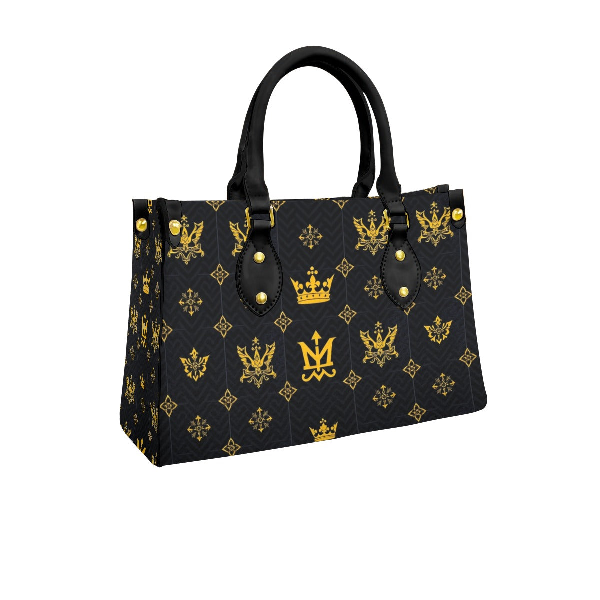 Designer black handbag with zip pocket featuring gold crown and emblem pattern with black handles