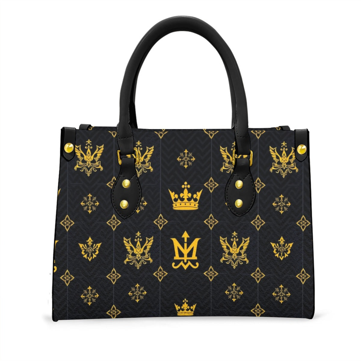 Munsieur designer black handbag with zip pocket featuring gold emblem pattern and black handles