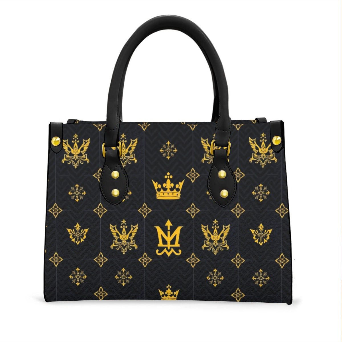 Designer black handbag with zip pocket featuring gold crown and emblem pattern by Munsieur