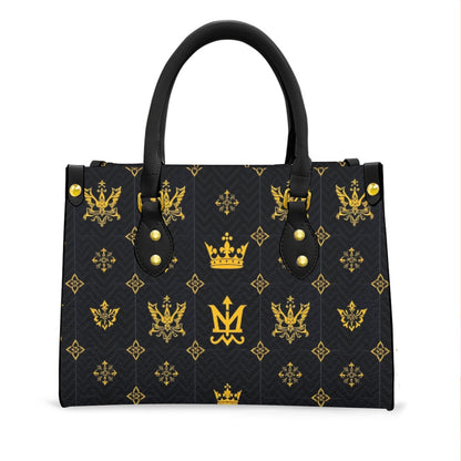 Designer black handbag with zip pocket featuring gold crown and emblem pattern by Munsieur