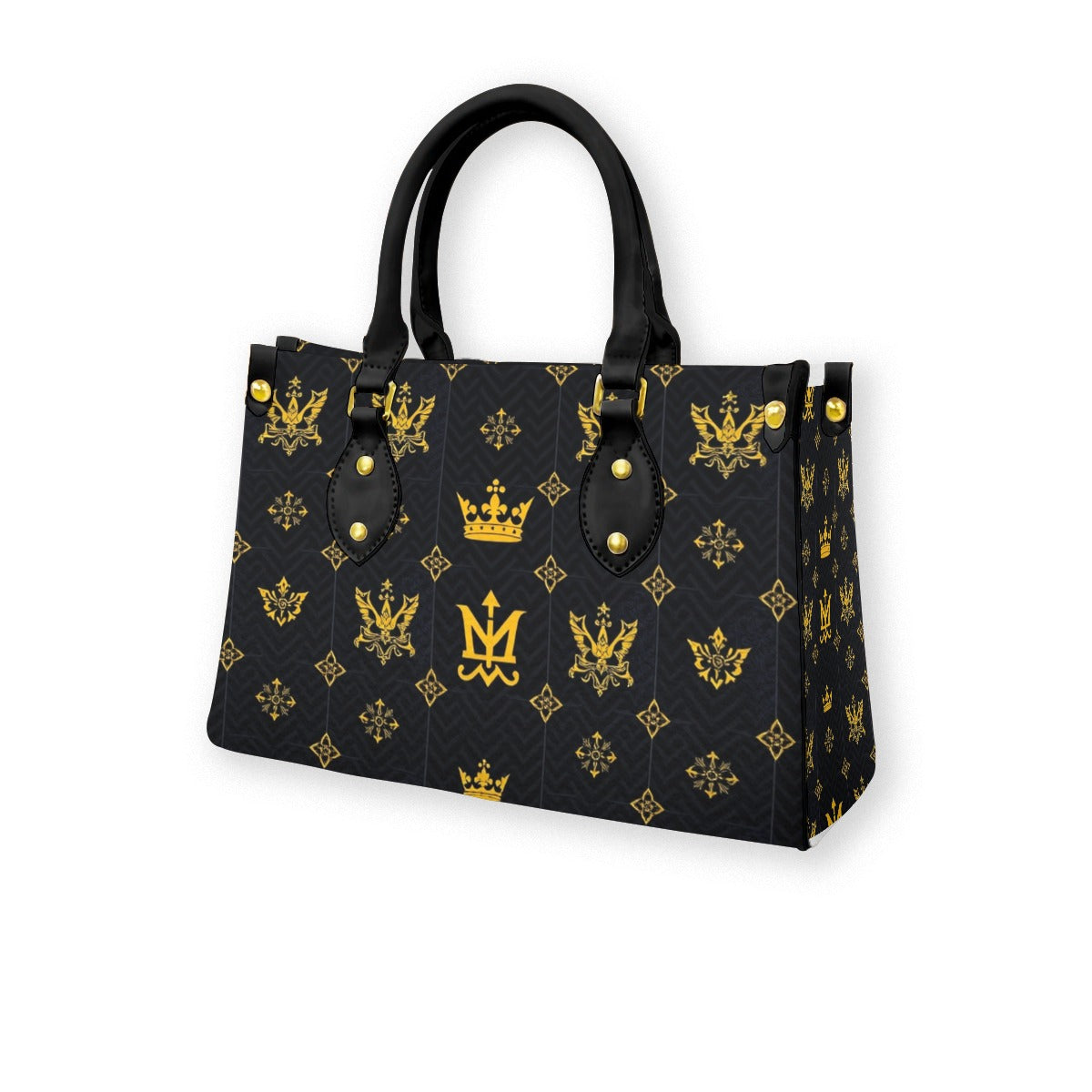 Designer black handbag with zip pocket featuring gold emblem pattern and black handles