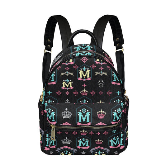 Munsieur designer mini backpack with crowns in multicolor on black background with adjustable straps