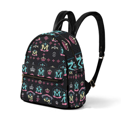 Munsieur designer mini backpack with crowns in black featuring colorful M and crown patterns
