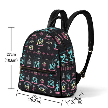 Munsieur designer mini backpack with crowns pattern in black with blue and pink accents
