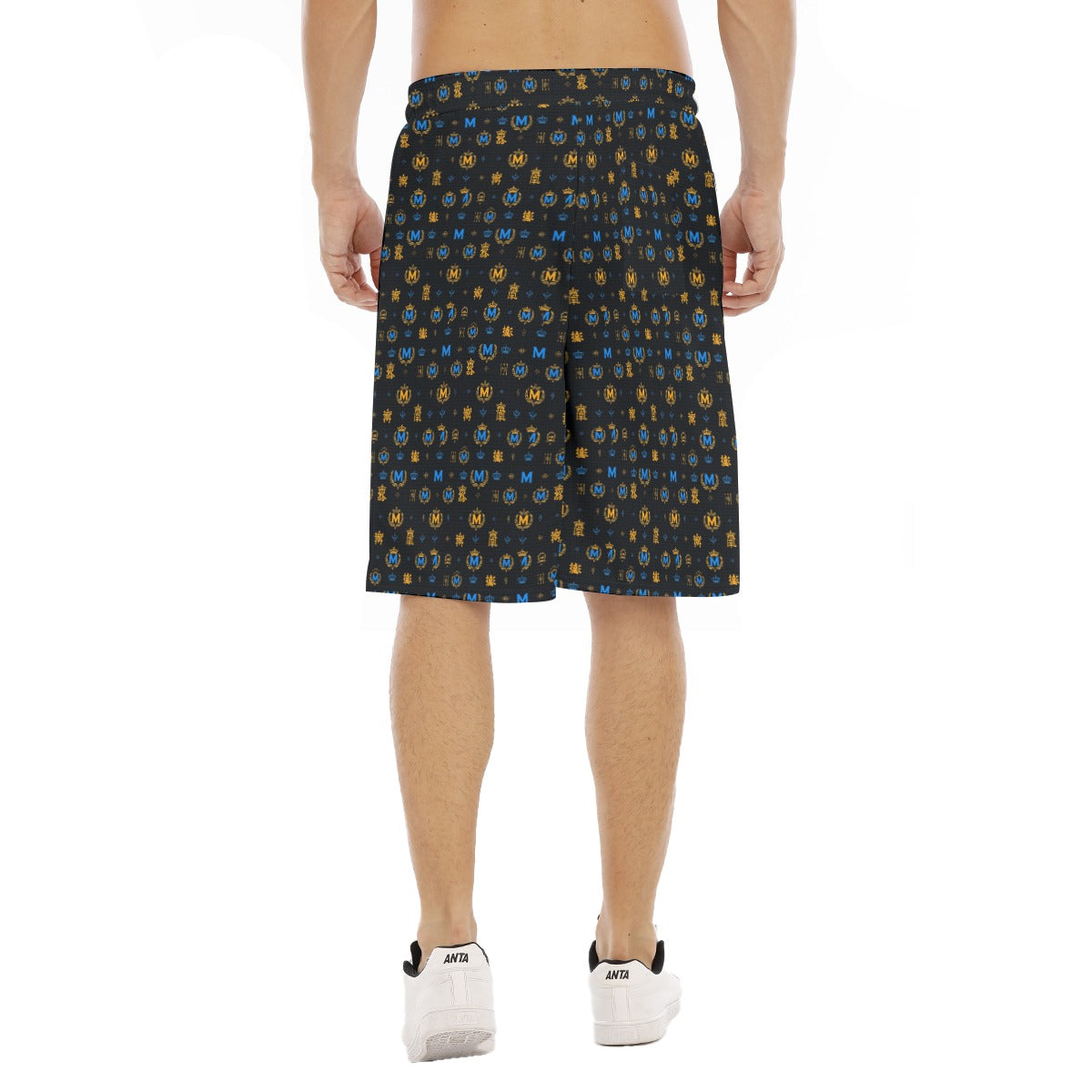 Munsieur black designer streetwear shorts for men with blue and yellow patterns shown from the back
