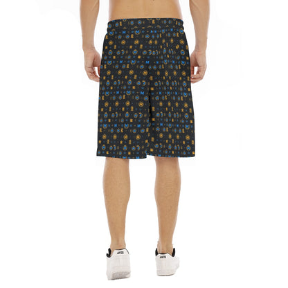 Munsieur black designer streetwear shorts for men with blue and yellow patterns shown from the back