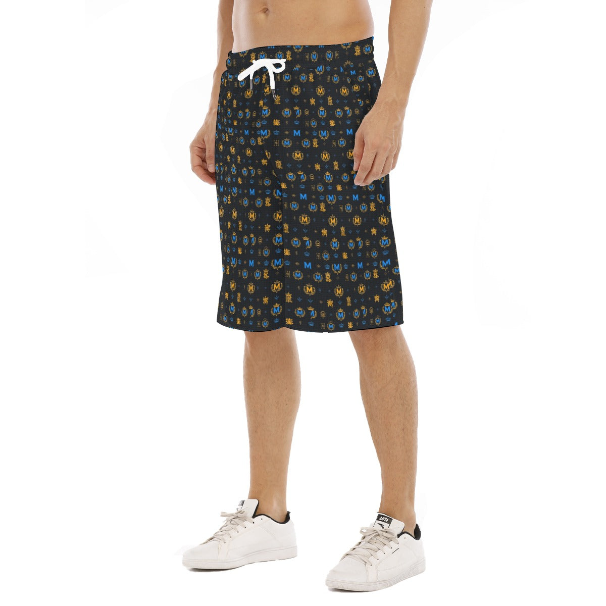 Munsieur designer streetwear shorts for men in black with blue and gold pattern and white drawstring
