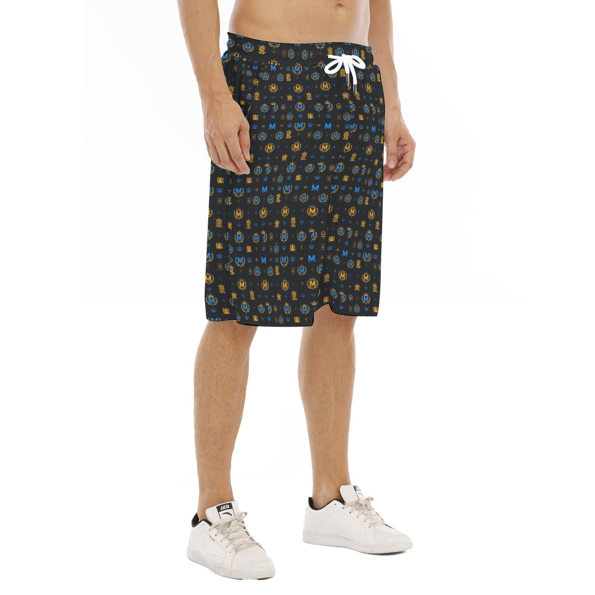 Munsieur designer streetwear shorts for men in black with gold and blue print and white drawstring