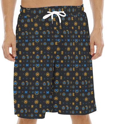 Munsieur designer streetwear shorts for men with black background and blue and gold pattern