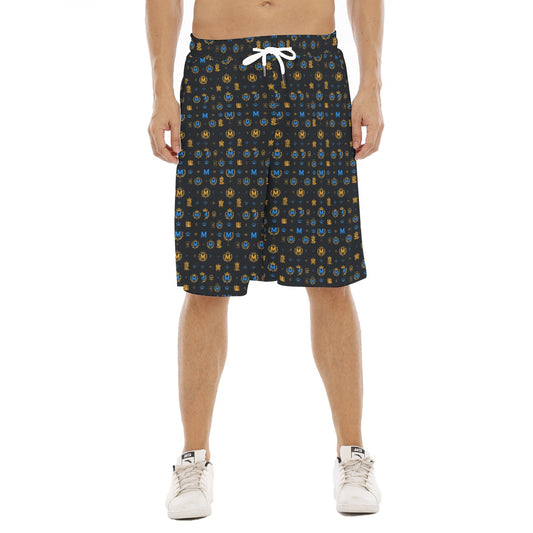 Munsieur designer streetwear shorts for men with black background and blue and gold pattern