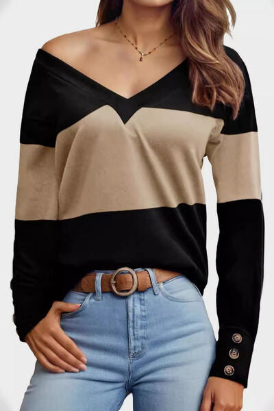Decorative Button Contrast V-Neck Long Sleeve T-Shirt - Munsieur