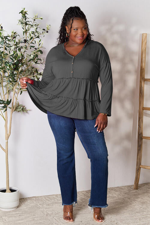 Double Take Half Button Long Sleeve Ruffle Hem Blouse - Munsieur