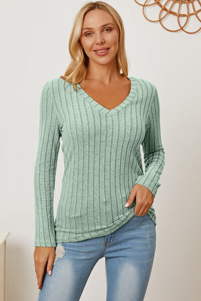 Full Size Ribbed V-Neck Long Sleeve T-Shirt - Munsieur