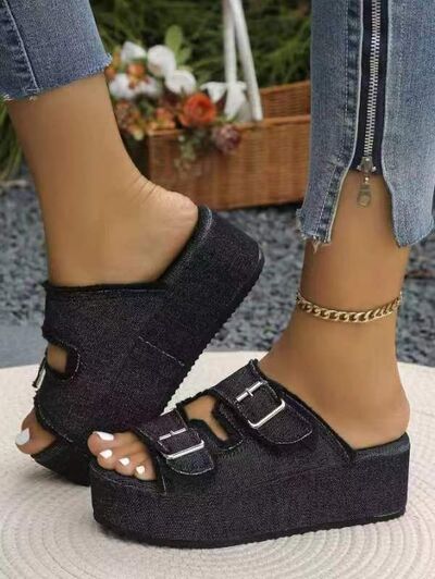 Raw Hem Wedge Buckle Sandals - Munsieur