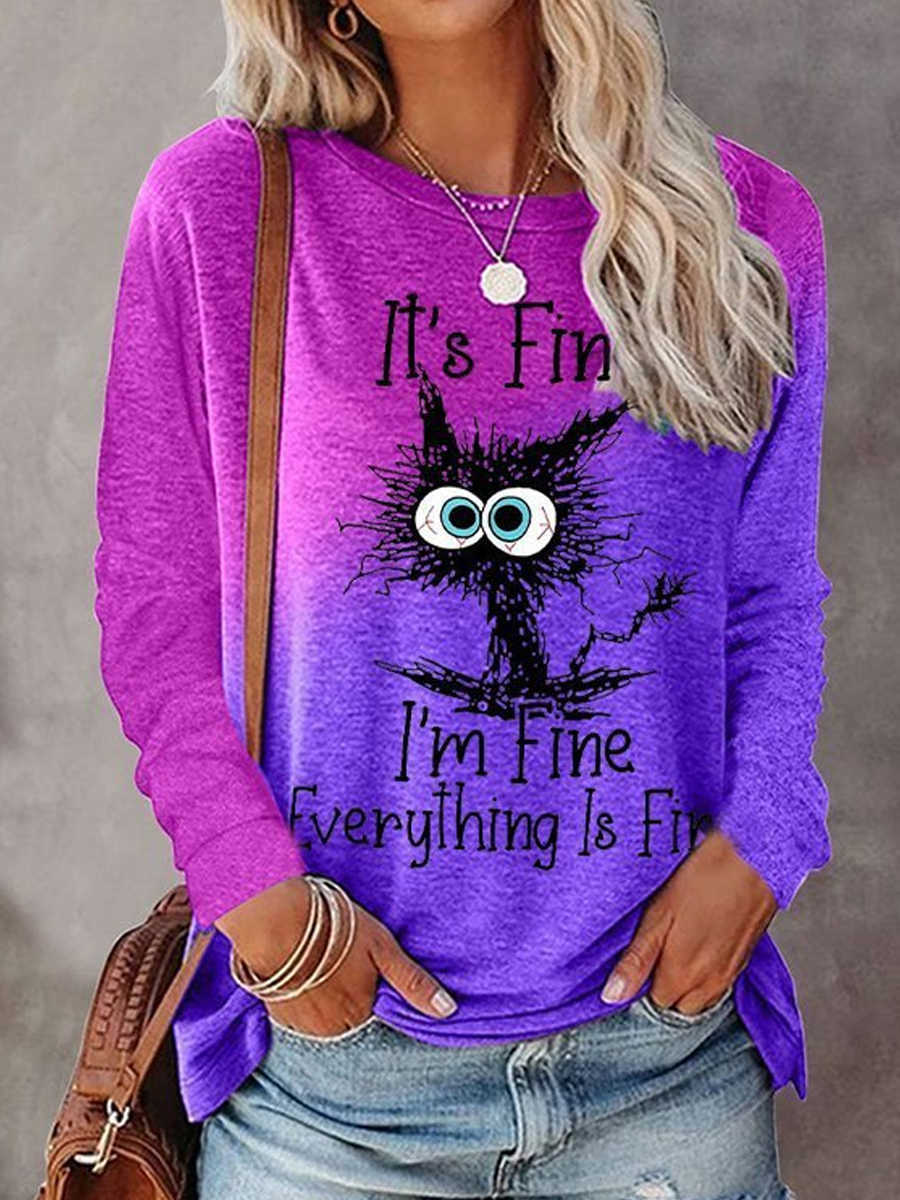 Halloween Gradient Print Long-sleeved T-shirt Round Neck Women